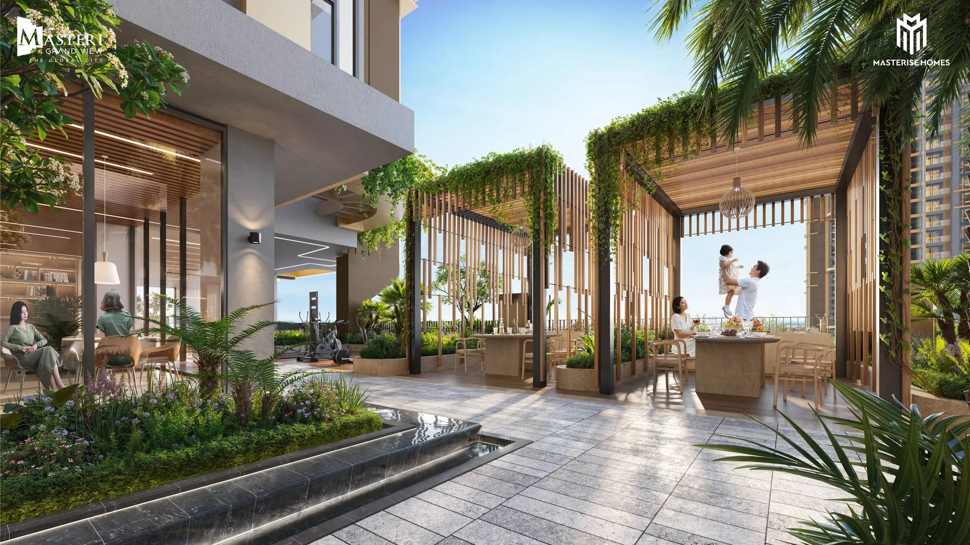 Khu vườn ngoài trời với pergola và cây xanh tại Masteri Grand View