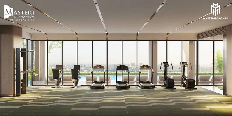 Phòng gym với máy chạy bộ nhìn ra hồ bơi