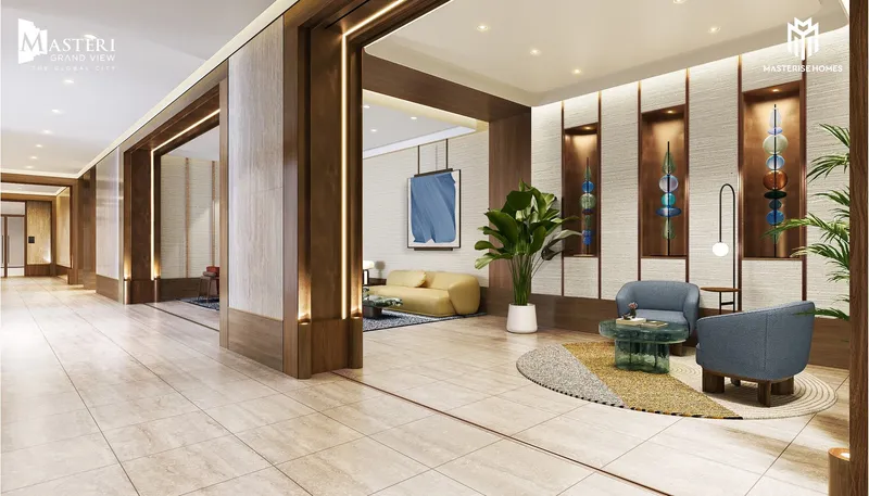 Sảnh lounge tòa Glow với sofa và cây xanh