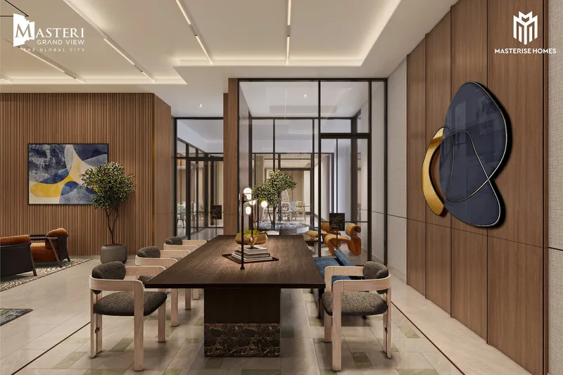 Business lounge tòa Glow với bàn làm việc chung