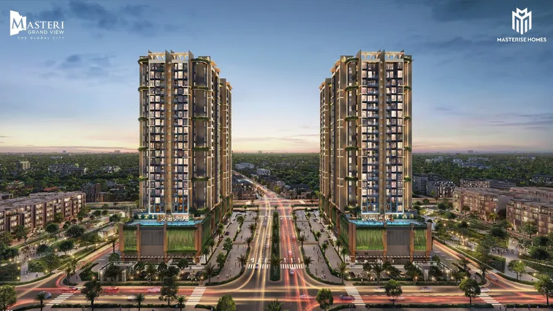 Hai tòa Spark và Glow nhìn từ trên cao lúc hoàng hôn