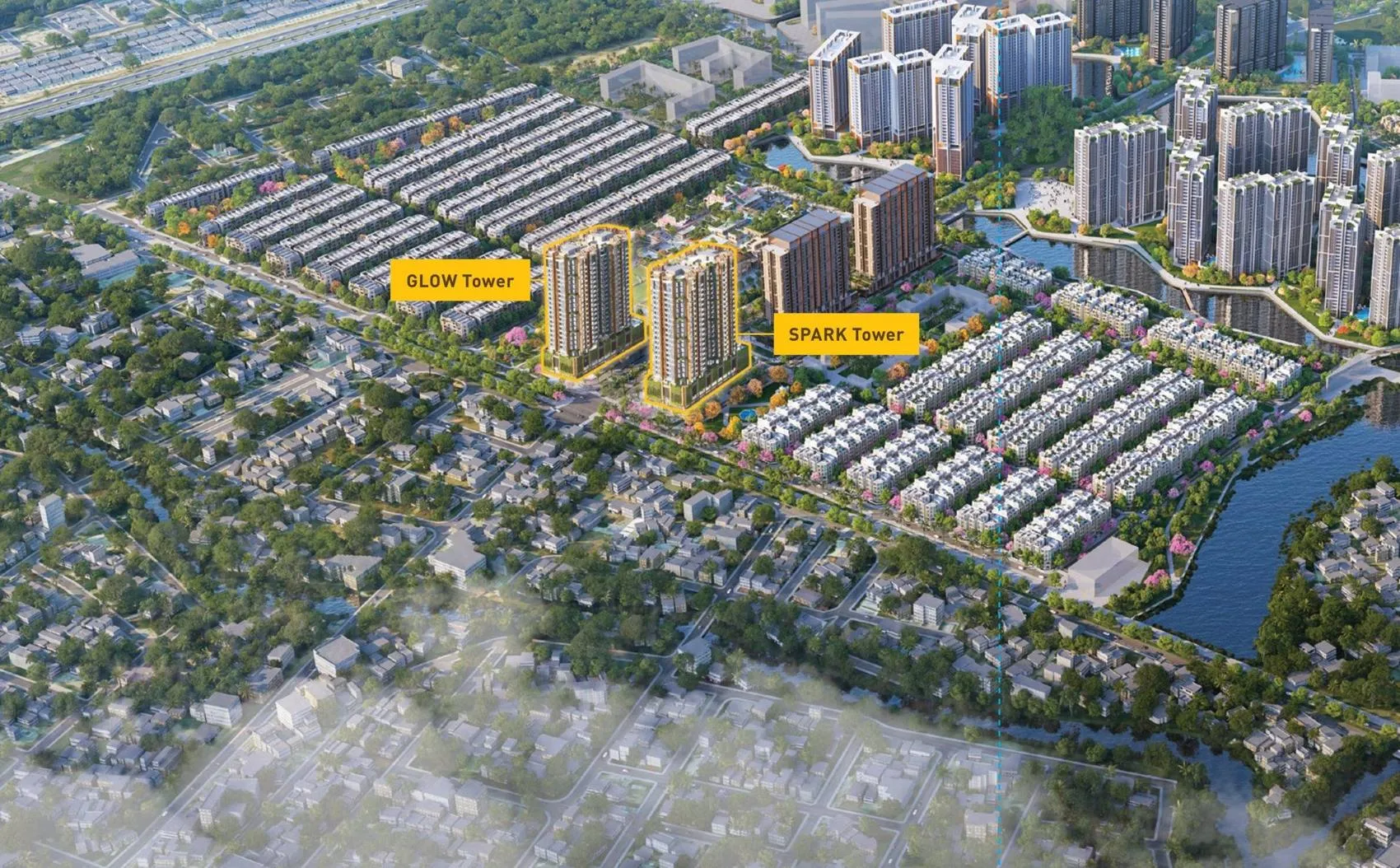 Phối cảnh The Global City nhìn từ trên cao, đánh dấu vị trí tòa Glow và tòa Spark