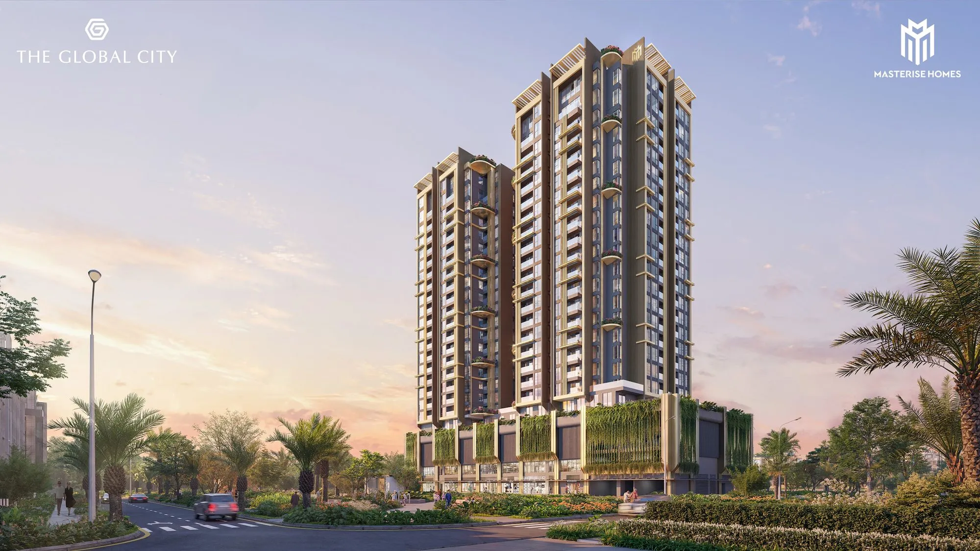 Hai tòa Masteri Grand View lúc hoàng hôn giữa hàng cây nhiệt đới